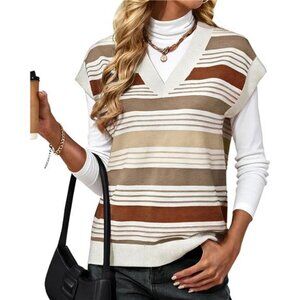 Cap Sleeve Sweater Vest Brown Striped Color Block V Neck Pullover Tank Top